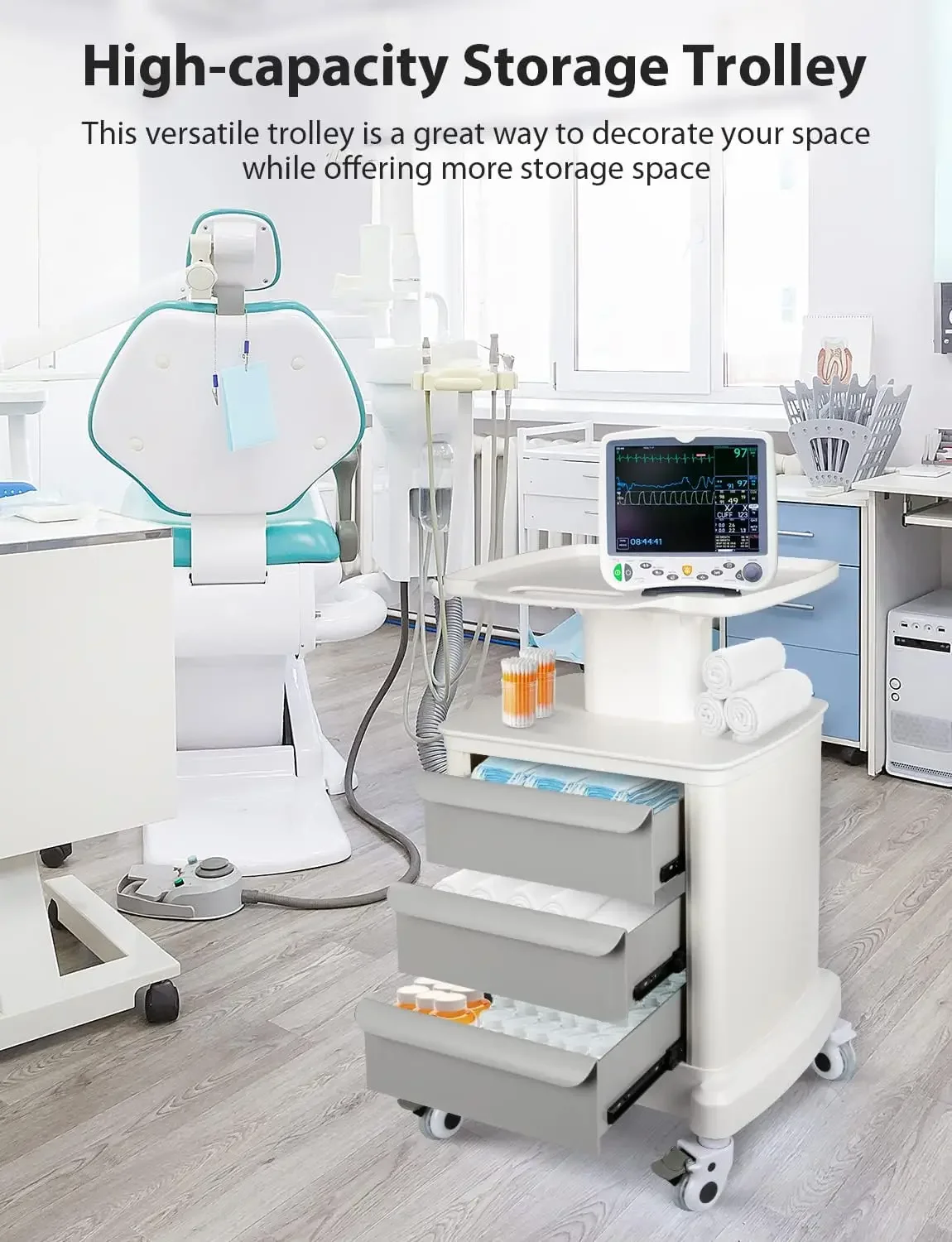 Trolley Cart for Portable Ultrasound Imaging Scanner Vehicle Trolley Beauty Storage Cart 110 LBS Load with 3 Drawers 4 Wheels