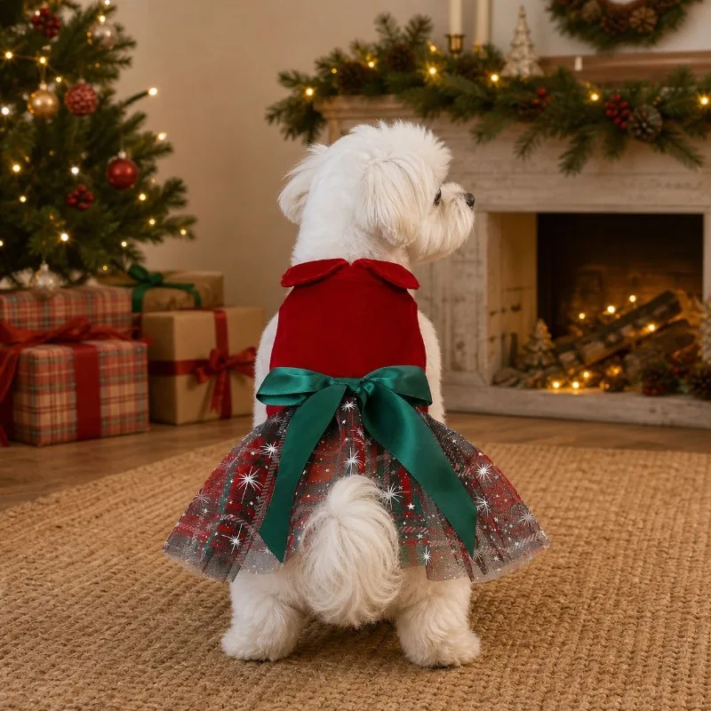 Holiday Pet Christmas Velvet Dress, Decorative Bowknot Ornament, Classic Xmas Red Design, Christmas Party Costume Gift for Pets