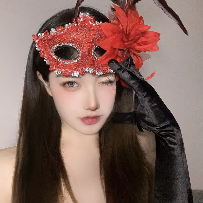 2025 New Flowers Feather Women Masquerade Mask Prom Stage Performance Bar Party Fashion Sexy Lace Cosplay Black White Red Pink