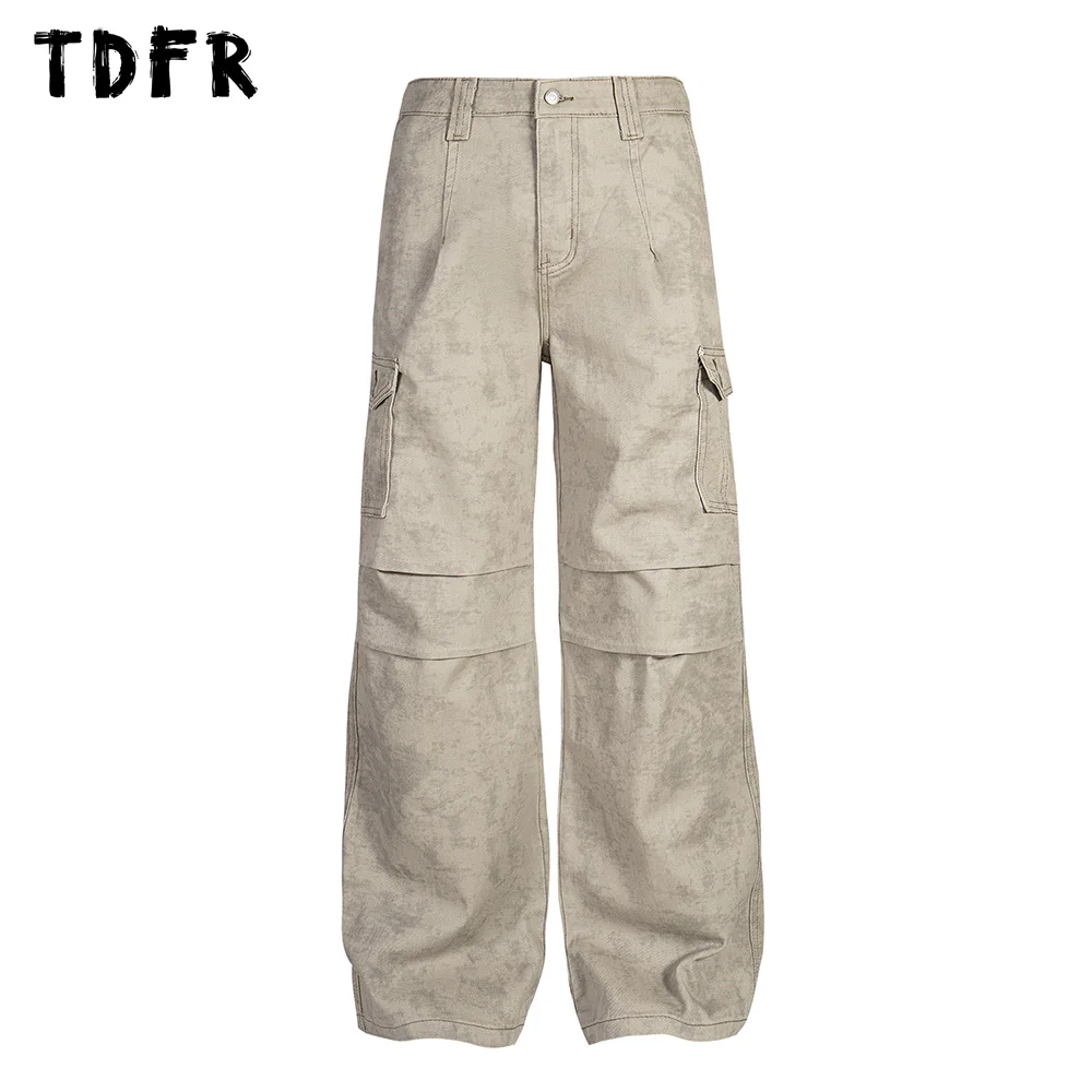 Multi-Pocket Spliced Cargo Pants Mens Distressed Retro Streetwear Pleated Loose Wide Leg Trousers Men