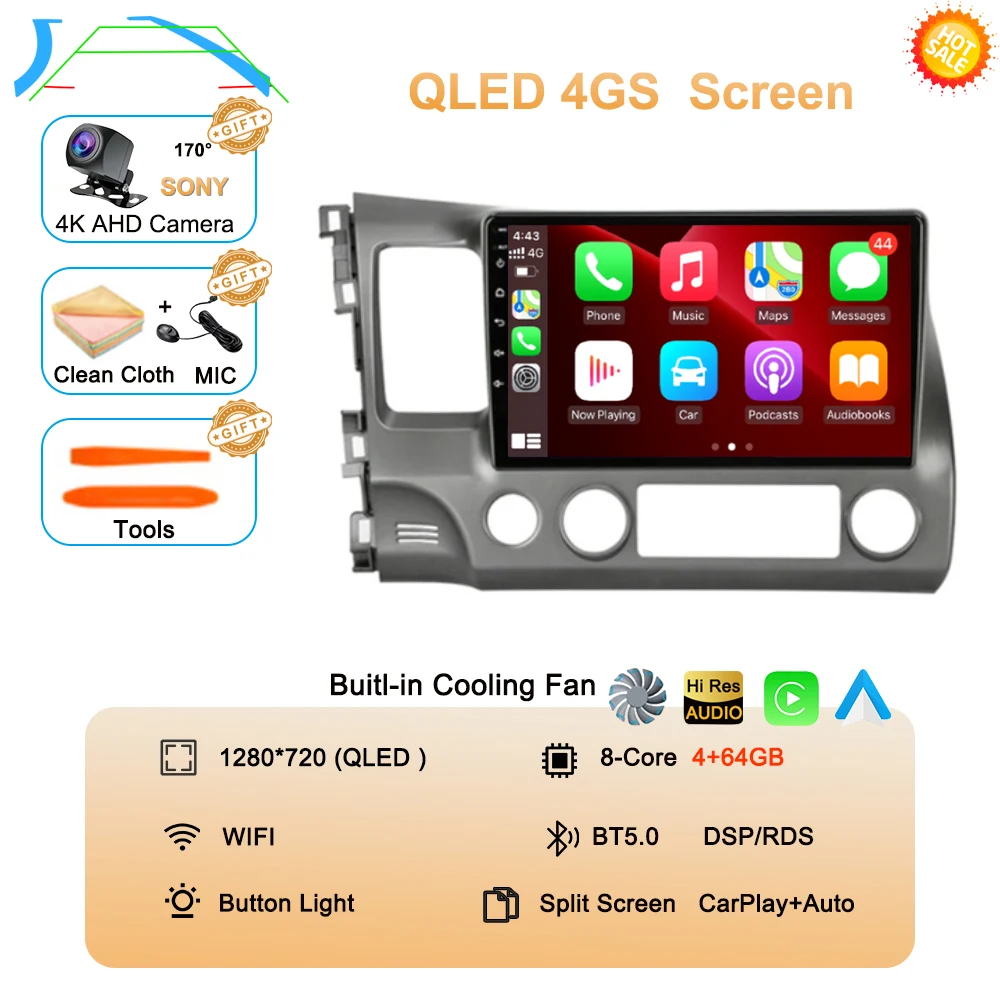 Android 16 autoradio voor Honda Civic 8e generatie (2005-2011) multimedia draadloze CarPlay Android Auto