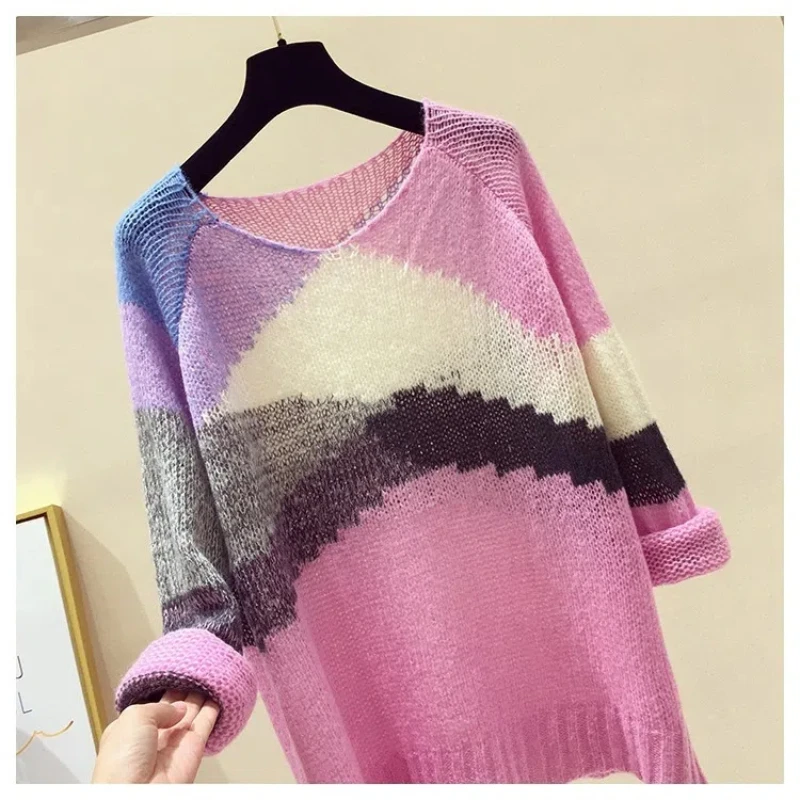 2024 Autumn/Winter Korean Edition Simple Fashion Casual Knitted Sweater Long Sleeve Loose Color Blocking Women\'s T-shirt Top