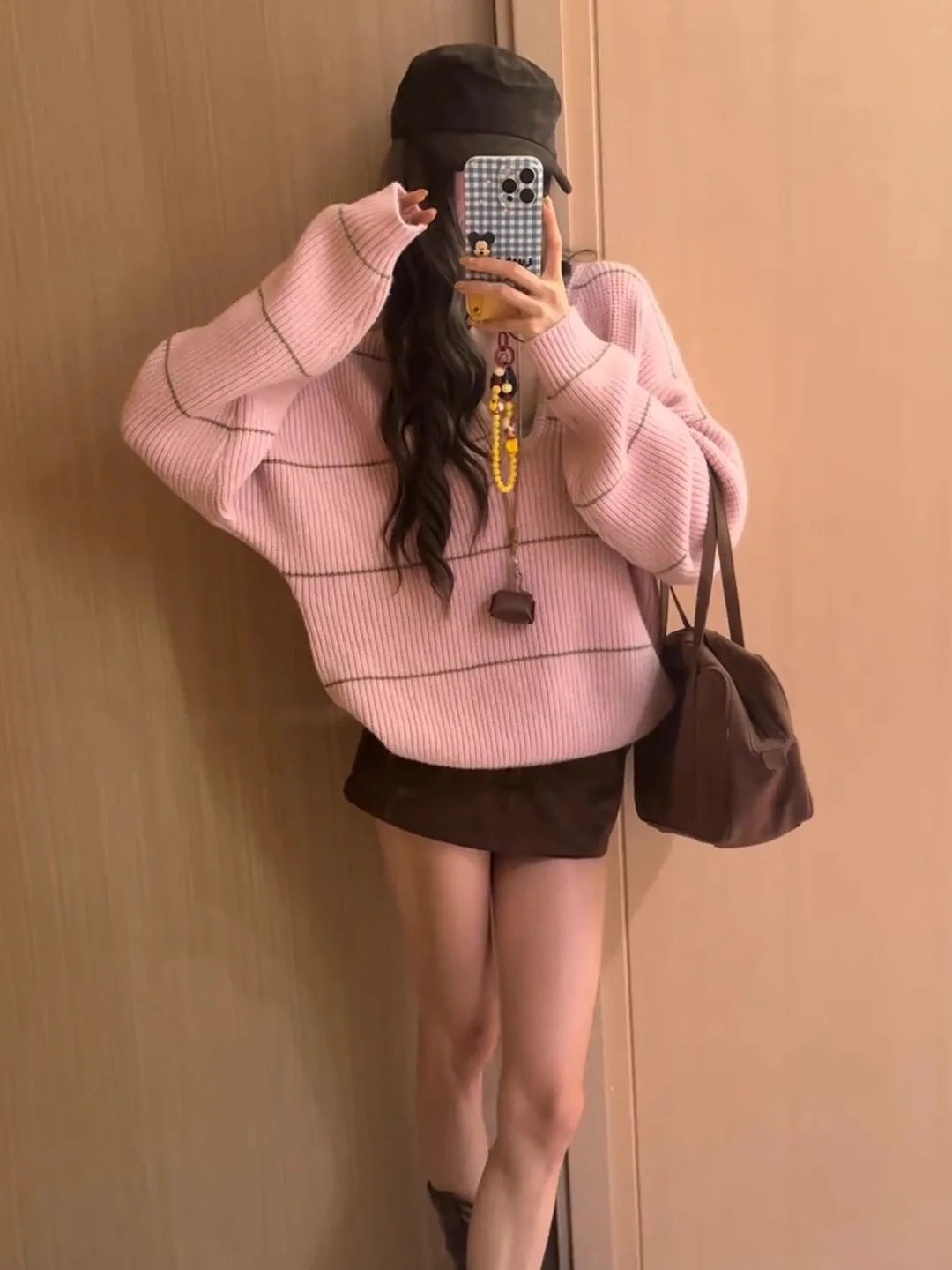 فضفاض طويل Sve V-Ne الوردي متماسكة سترة فريدة من نوعها تصميم مخطط مريح عادية Sle المرأة الخريف الشتاء Faion #1