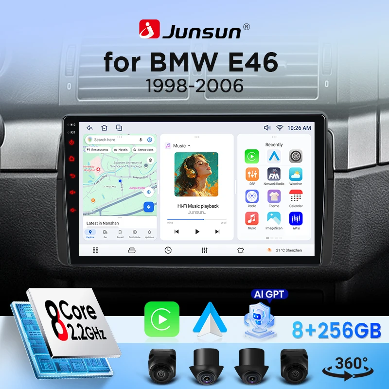 Autoradio Junsun pour BMW M3 E46 1998-2006, CarPlay, Android Auto, FM, RDS, DSP, BT, GPS, Navi, SWC, écran tactile HD IPS, Plug & Play, lecteur multimédia, appels mains libres, style d'origine de la voiture, unité principale