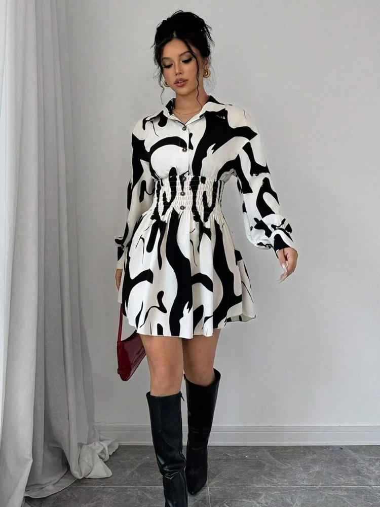 Zadily 2025 Spring Women's Ink Print Shirt Dress Smocked Waist Lantern Sleeve Elegant Casual Work Mini Dress