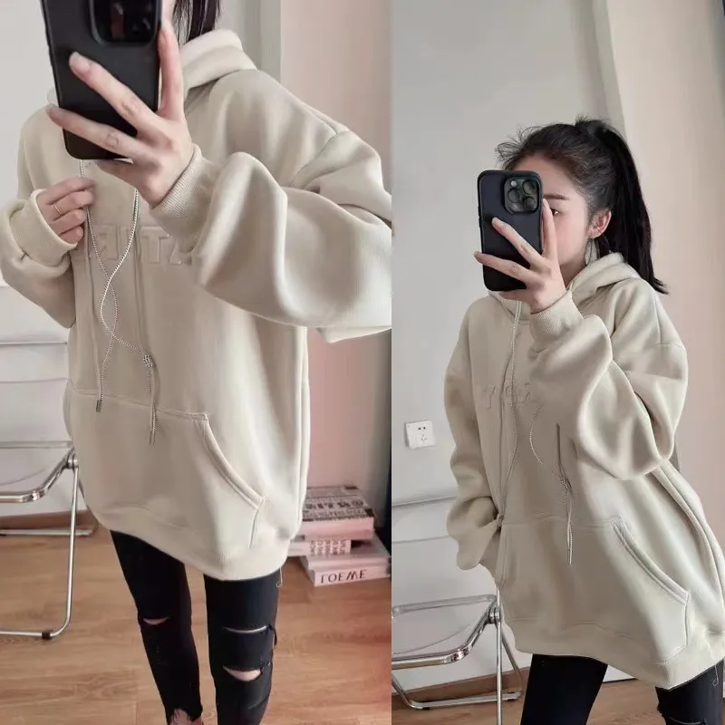 Winter New Clothes Loose Apricot Letter Hoodies Embossing Process Harajuku Thick Casual Sweatshirt Women Y2k Long Sleeve Fleece