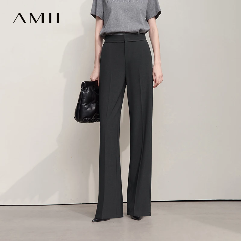 AMII Minimalist Women Casual Pants 2025 Autumn Commuting Business Luxury Black Trousers Slight Strech Wide Leg Pants 12553010