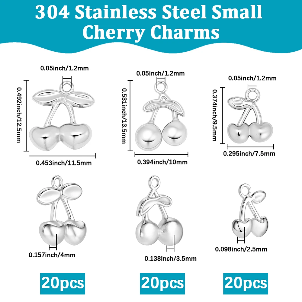 1 Box 60Pcs 3 Sizes Cherry Charms 304 Stainless Steel Silver Mini Fruit Charms for Jewelry Making Bracelets Necklace DIY Crafts