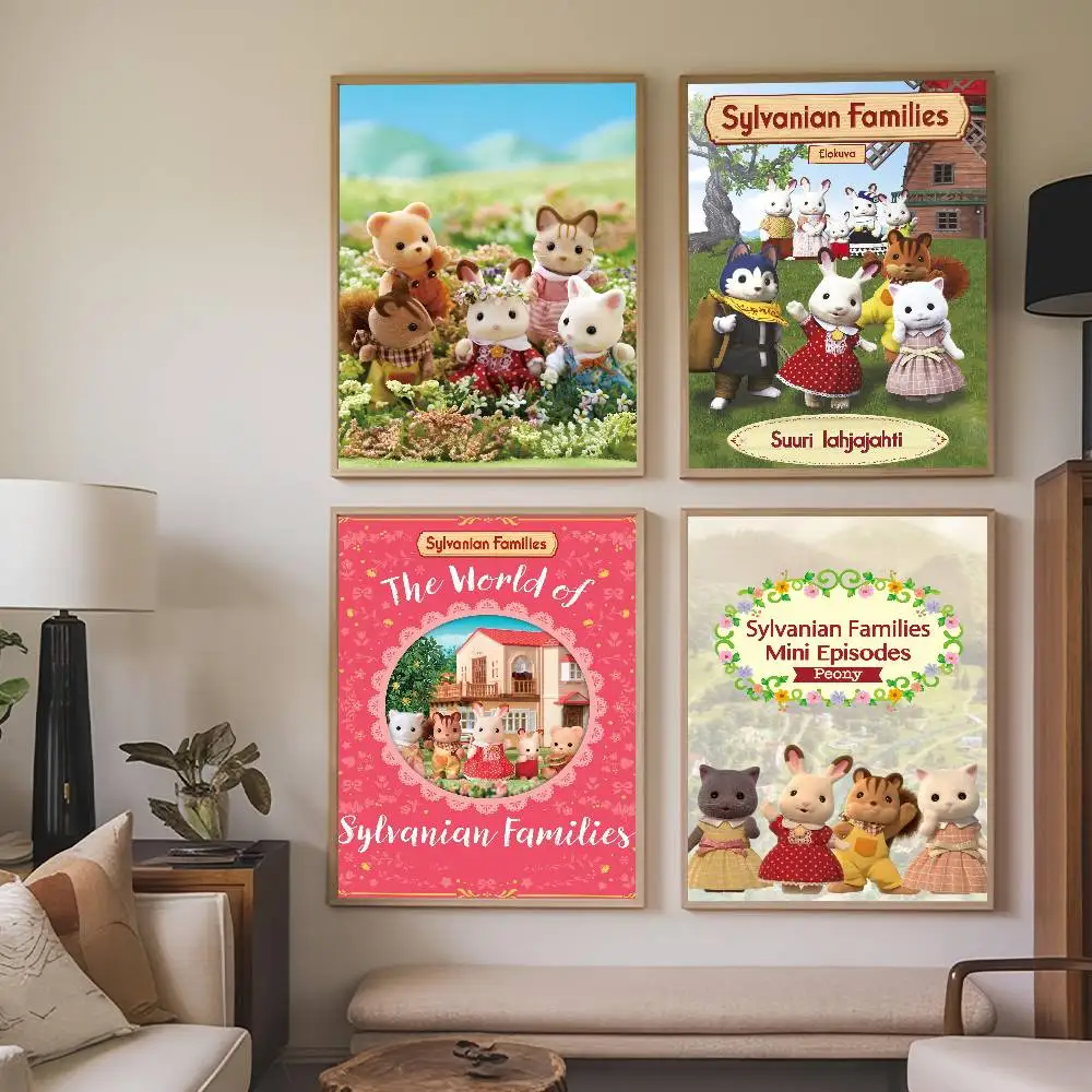 Cute Brand S-Sylvanian F-Families-S Poster Paintings Self Adhesive Prints Home Bedroom Living Room Decor Vintage Gift