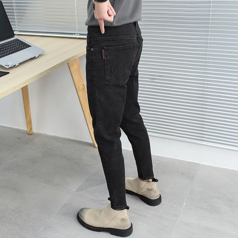 Trendy Slim Fit Men's Jeans Korean Style Nine Points Black Autumn Versatile Spirit Boy mid Low Waist  Denim Casual Fashion