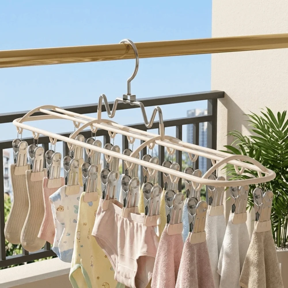 Windproof Clothes Drying Hanger Stainless Steel with 20 Clips Clothes Hanger Rustproof Anti-slip Baby Sock Clips Small Space