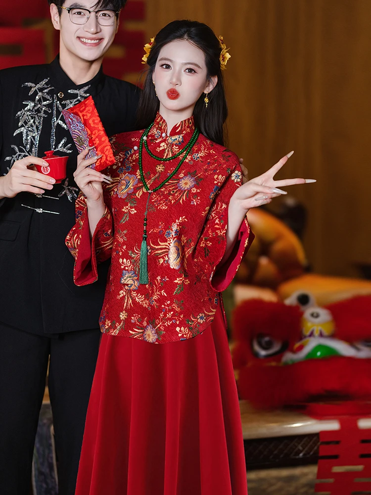 

Новый китайский свадебный комплект для беременных: длинное ципао с высокой талией, скрывающее живот, для помолвки и торжеств