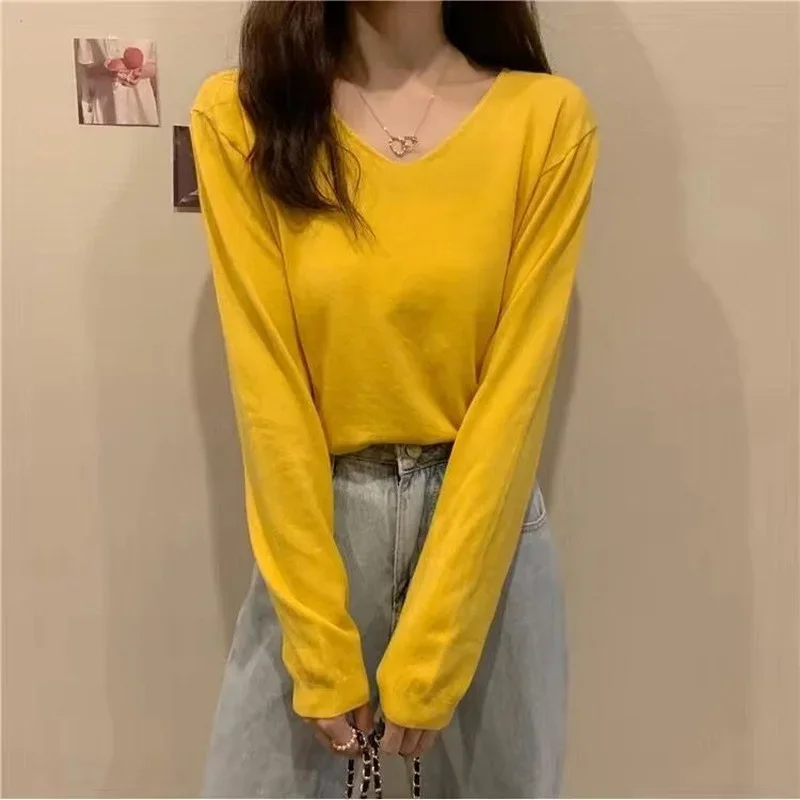 

Pullovers Women Colorful V-neck Autumn Comfort Simple Solid Korean Style Baggy Breathable Fashionable All-match Students Newest