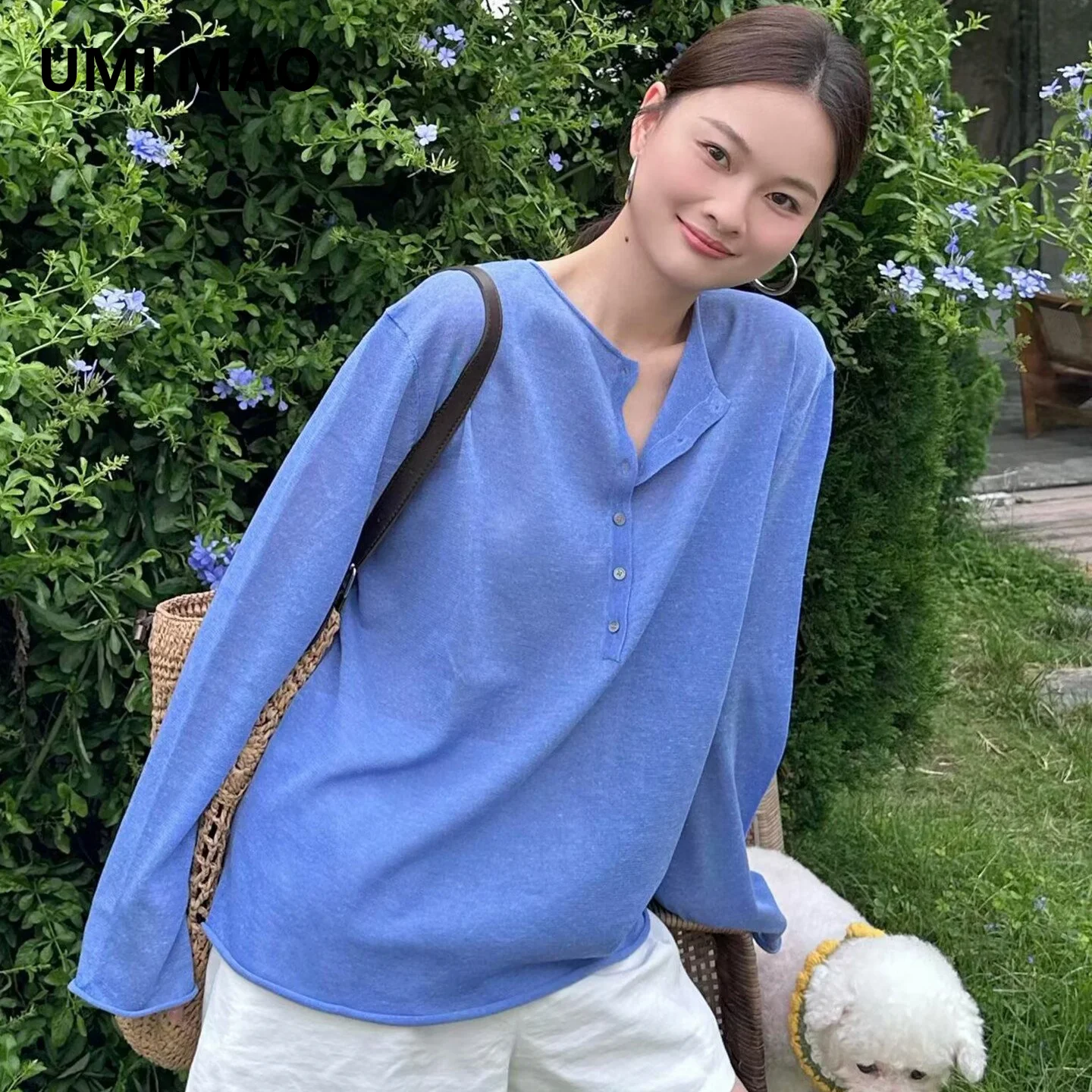 UMI MAO Summer Relaxed V-neck Long-sleeve T-shirt Korean-style High-end Loose-fitting Versatile Top Sun Protection Cover-up