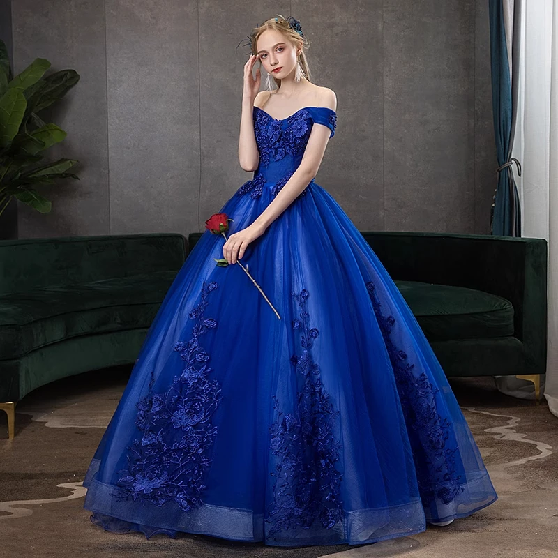 Vestido azul real para quinceañera, traje elegante con cuello Barco, bordado De encaje De lujo, para fiesta De 15 años, graduación, novedad De 2024