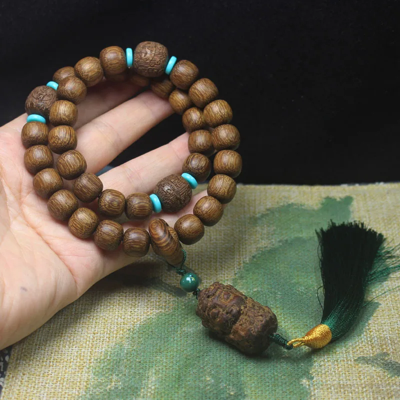 12mm Old-Style Agarwood Beads Handheld Bracelet with Carved Pixiu and Tara Buddha Beads, Old Material Cultural Ornament Hand Acc