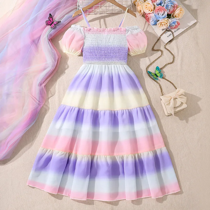 2025 New Arrival Girls Short Puff Sleeve Slash Neck Tie-dye Purple Cute Holiday Night Party Princess Dress Custume 8-12T