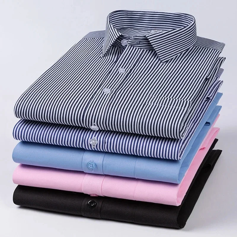 

New Men's Classic Long Sleeve striped Basic Dress Shirts Single Patch Pocket Formal Business Standard-fit Office Social Shirt