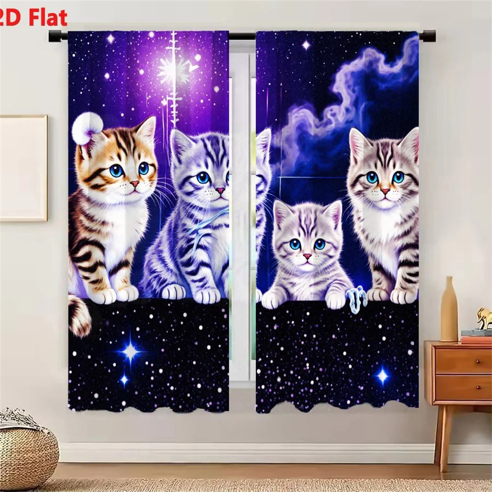 2Pcs Curtains 2D Flat Cute Cartoon Kittens Against Starry Night Sky - Whimsical Cosmic Background with Four Playful Kittens in D