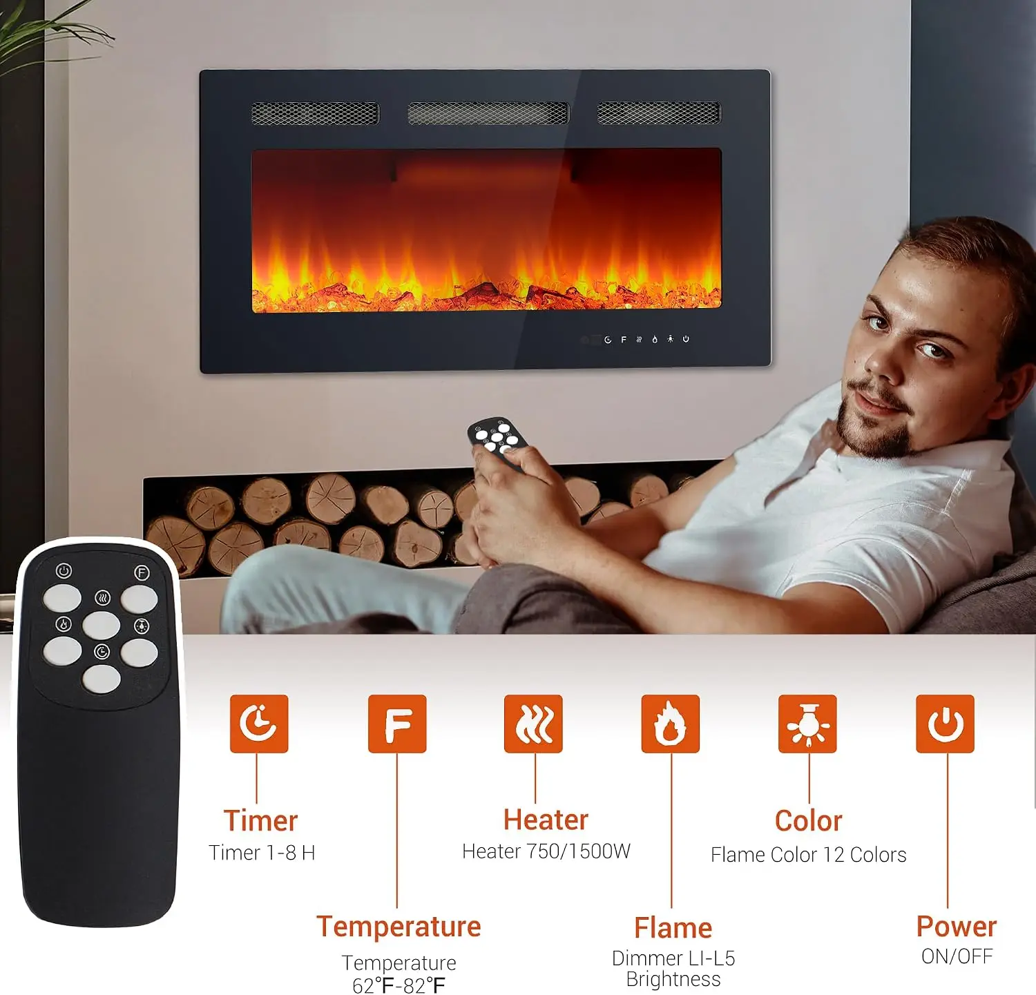 36 Inch Electric Fireplace 120V / 750W/1500W LED Display Log & Crystal Decor Core Fake Decorative Fireplace for Modern Rooms TV Wall Smart Fireplace