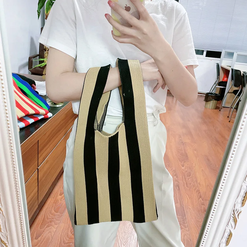 Striped Knitting Tote Bag Women\'s Shoulder Bag Fashion Hollow Out Tote Ladies Female Woven Shopper Purse Lady Crossbody Handbag