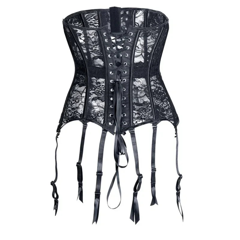 

Women Black Bustiers & Corsets Waist Trainer Slim Bustiers Sexy With Garter Belt Lace Mesh Breathable Underbust Corset