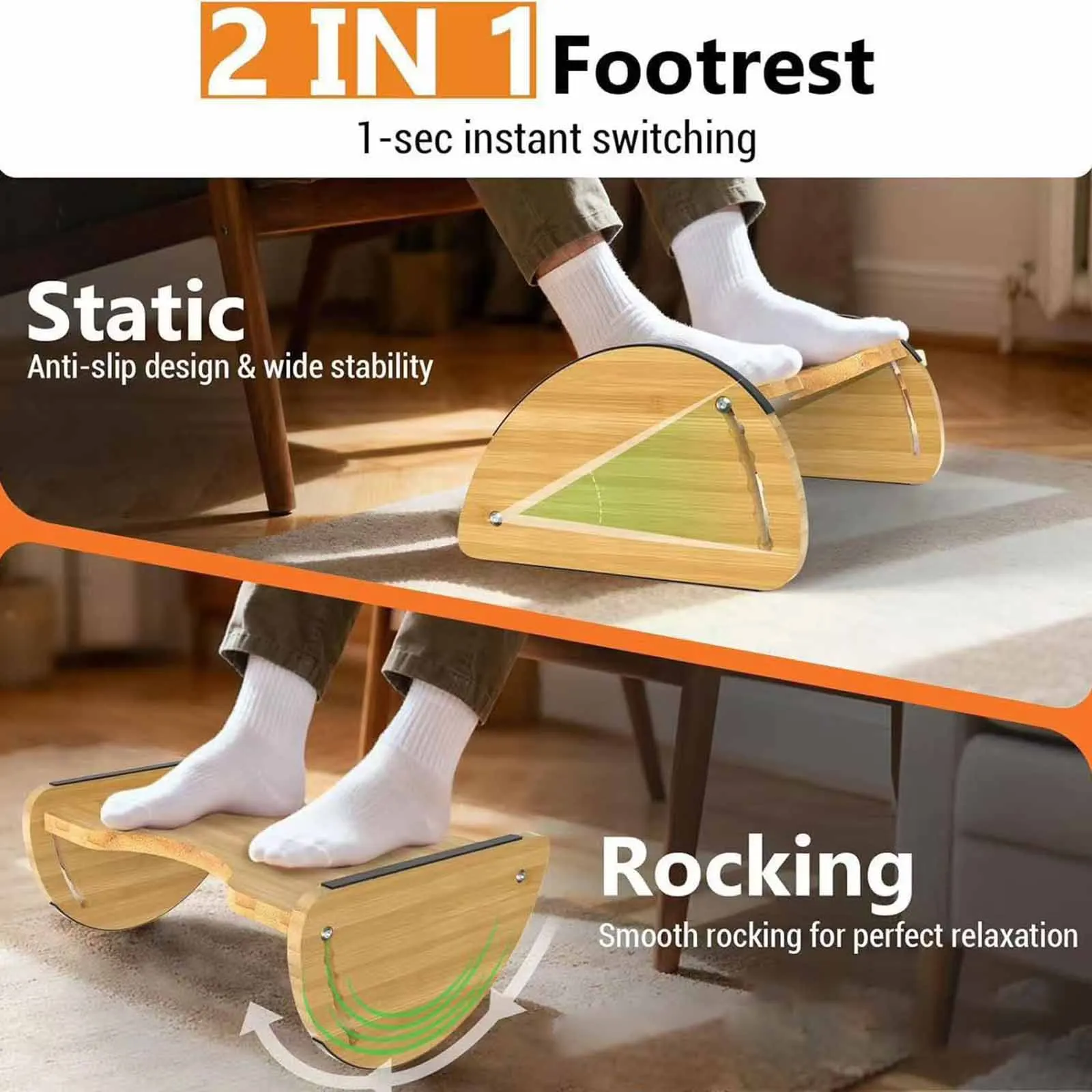 Adjustable Office Bamboo Footrest Stool Adjustable with Cushion Support 3 in 1 Ergonomic Design for Home Adults Gaming Workspace