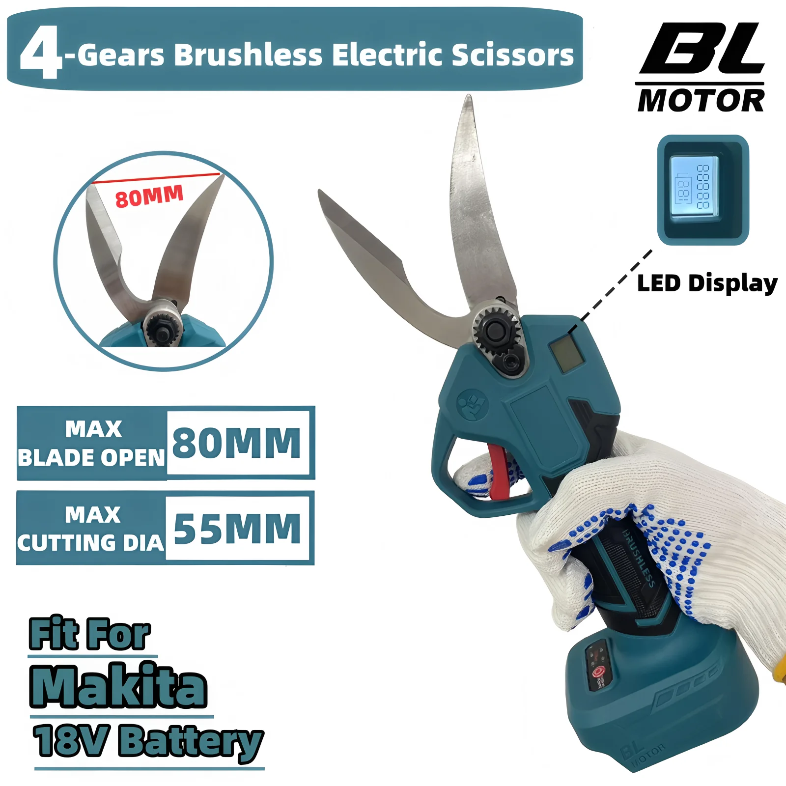 For Makita 18V Battery 55MM Brushless 4 Gears  Electric Scissors Cordless Pruning Shears Fruit Tree Branche Cutter Garden Tool