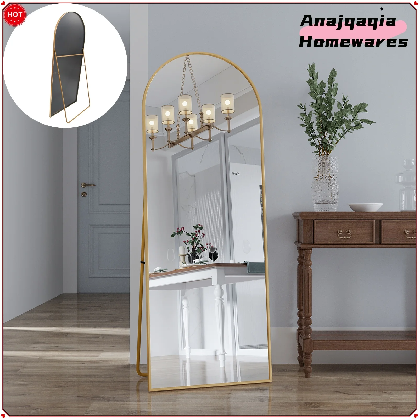 Anajqaqia 162×53 cm Ganzkörperspiegel, gewölbter Bodenspiegel, großer HD-Spiegel mit Ständer für Schlafzimmer, Wohnzimmer, Gold/Schwarz