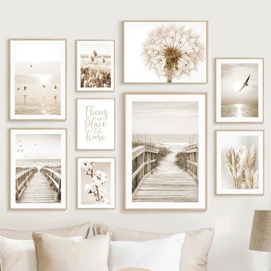 Wall Art Canvas Painting Beige Seagull Beach Bridge Reed Dandelion Living Room Decoration Posters And Prints Home Wall Pictures