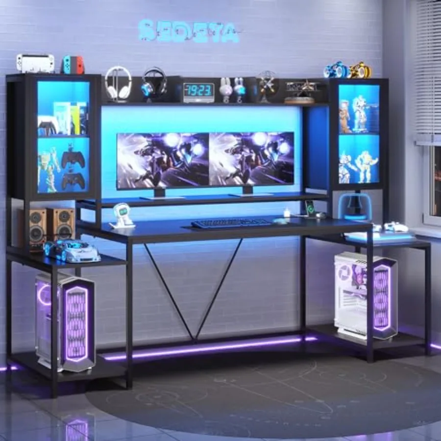 Gaming Desk 75'' for home office use, engineered wood in black, with RGB LED lights, hutch and storage shelves