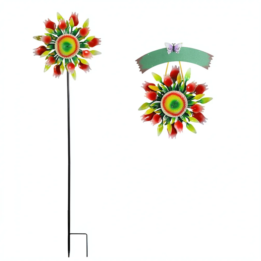 Iron Sunflower Windmill Ornament Outdoor Patio Garden Decoration Ground Stake Wall Hanging Kinetic Wind Sculpture