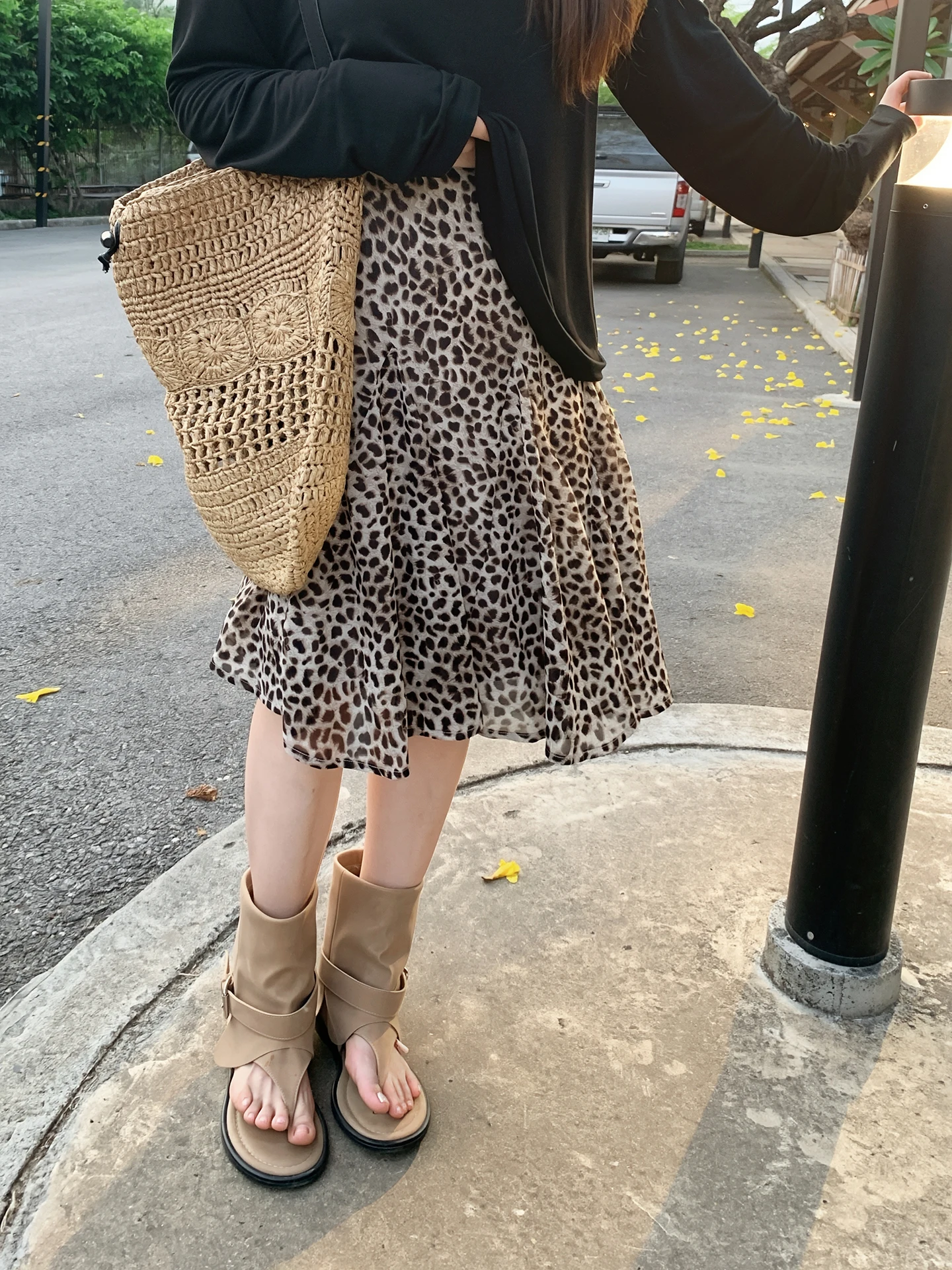 

EVNSTYLE "Leopard Print Jennie" Midi A-Line Skirt Women's Spring Summer Polyester Fiber Loose Fit Elastic Waist Skirt