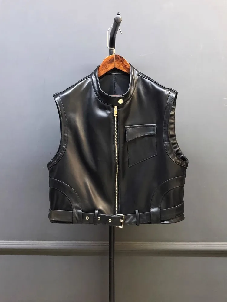 Women Genuine Leather Vests Stand Collar Zipper Punk Motorcycle Sleeveless Jacket Vintage High Street Short Waistcoat Female