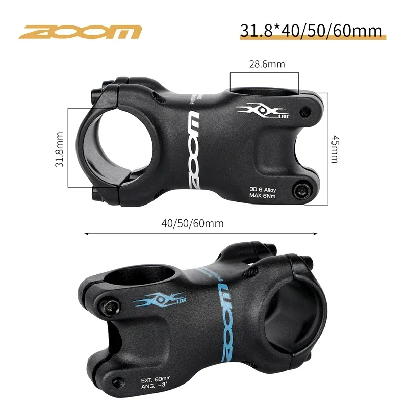 ZOOM XOX 3D forging technology and sandblasting anodetreatment length 40/50/60mm ±3 degree Suitable for 28.6mm Bicycle Stem