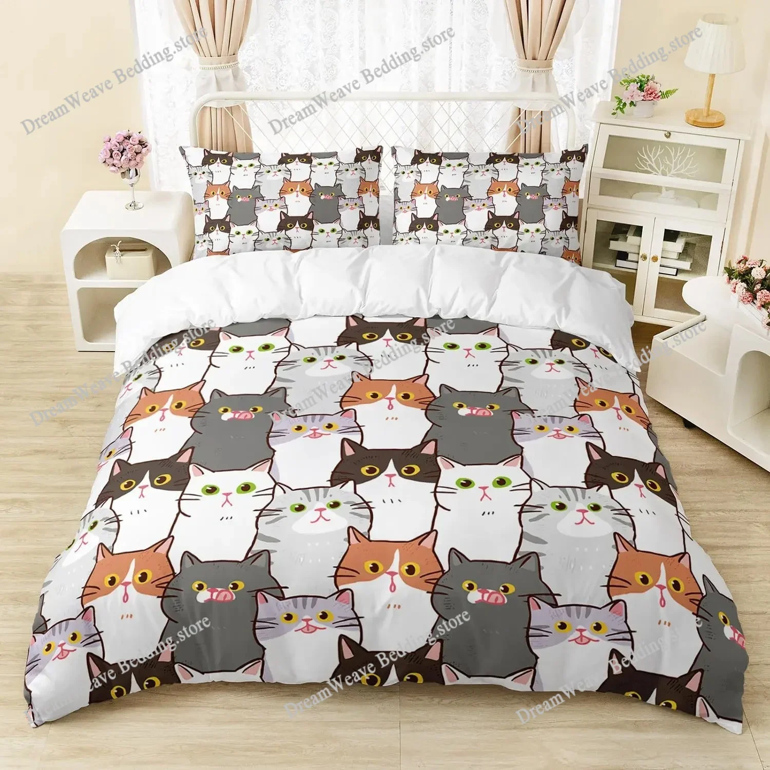 Cartoon Cat Duvet Cover Set Full Size, Cute Cat Bedding Sets for Kids Girls, Blue Watercolor Cat Comforter Covers Set All Season 5