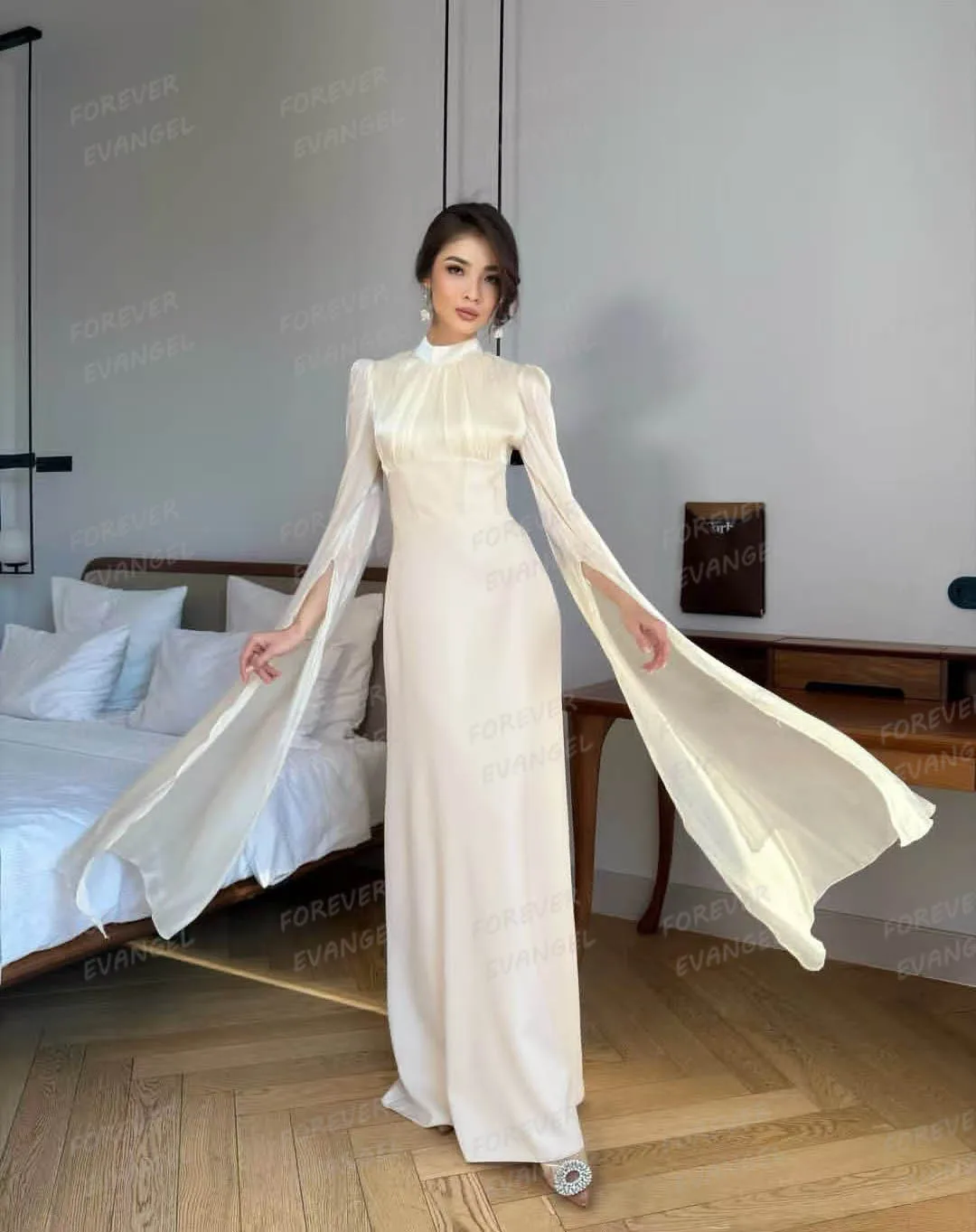 فساتين زفاف بسيطة للنساء فساتين عروس حورية البحر رسمية برقبة عالية وأكمام طويلة للحفلات مخصصة من الساتان فيستدوس دي نوفيا غالا