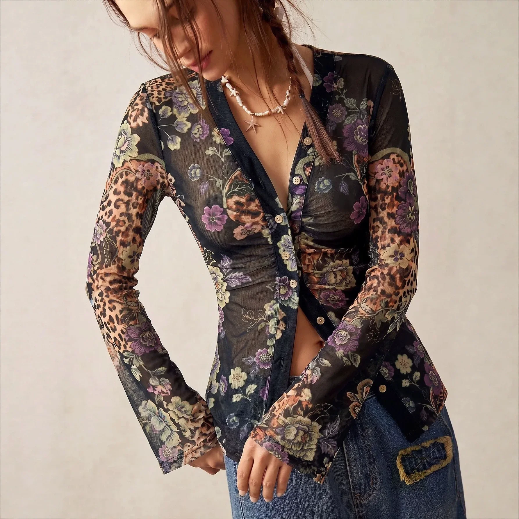 Women Vintage Floral Leopard Mesh Long Sleeve T Shirt Top  V Neck Button Front Sheer Flare Sleeve Y2K Blouse
