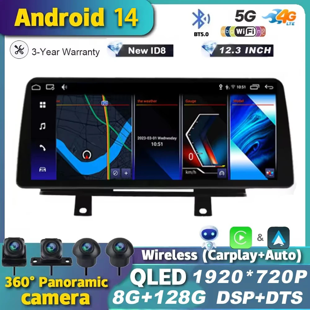 

Автомагнитола 12,3 дюймов, Android 14, стерео аудио для BMW F30, F31, F32, F33, F36, GPS-навигация, Мультимедийный Проигрыватель BT 360 с камерой и видеоплеером