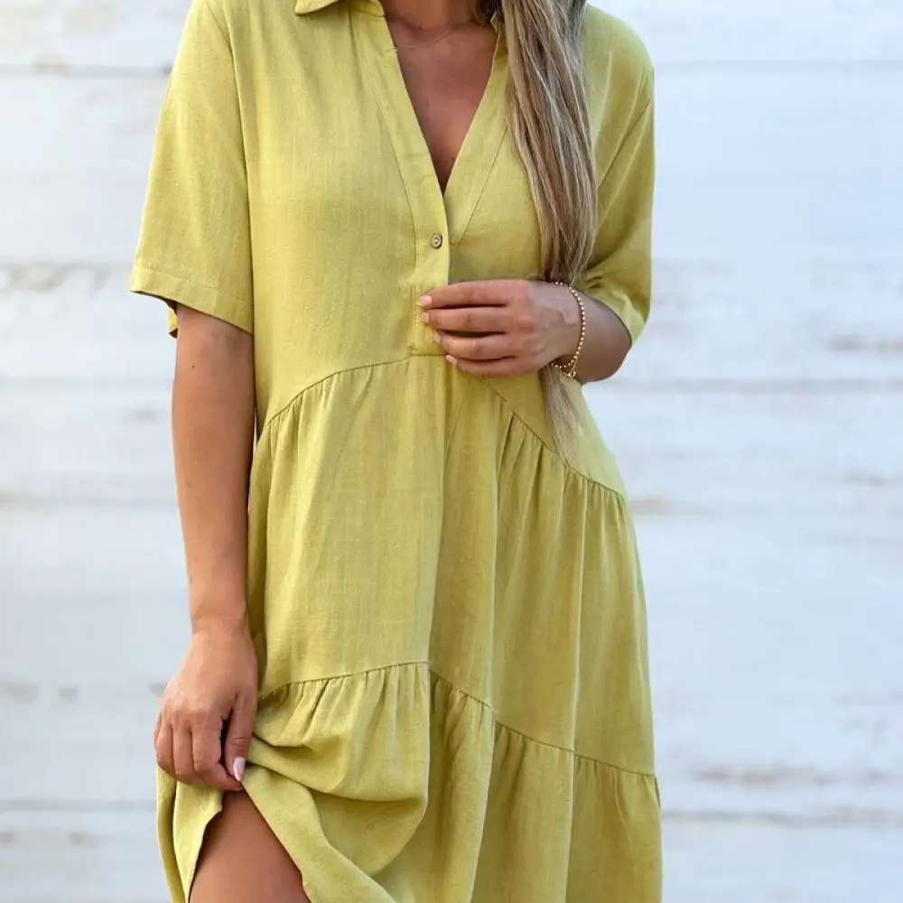 Women Casual Summer Dress Loose Fit Cotton Linen Lapel Short Sleeve Solid Color Elegant Breathable Midi Chic Outfits