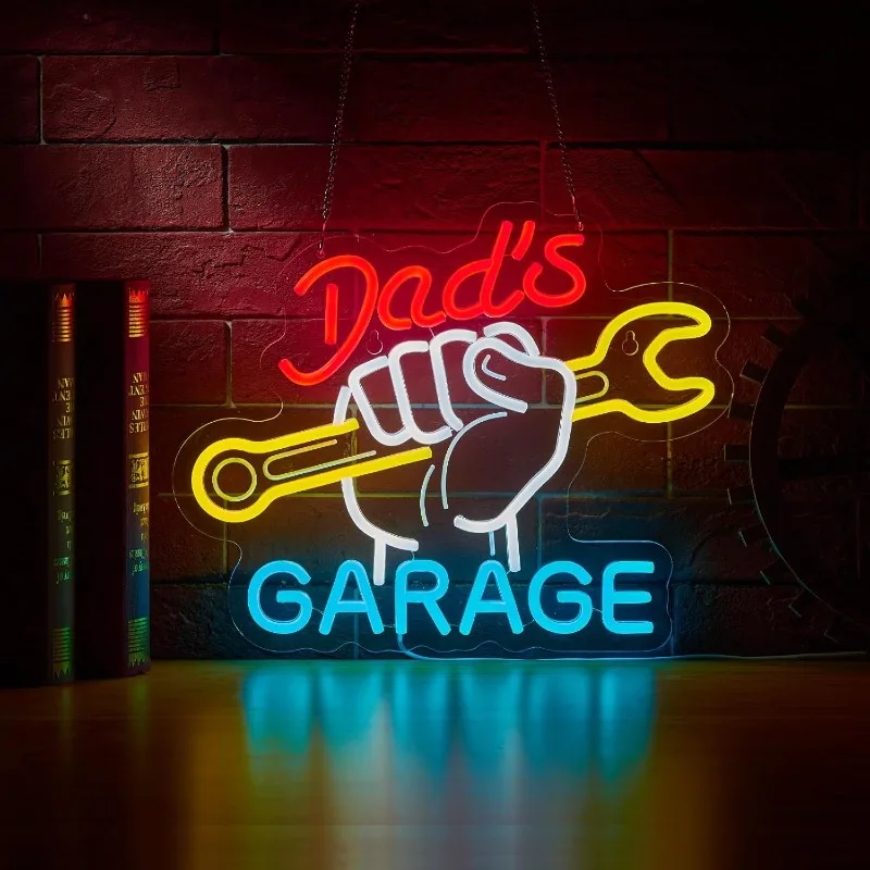 Dad's Garage Neon Sign for Wall Décor LED Light Car Signs for Auto Repair Shop Man Cave Workshop Decor LIghts for Fathers Gift
