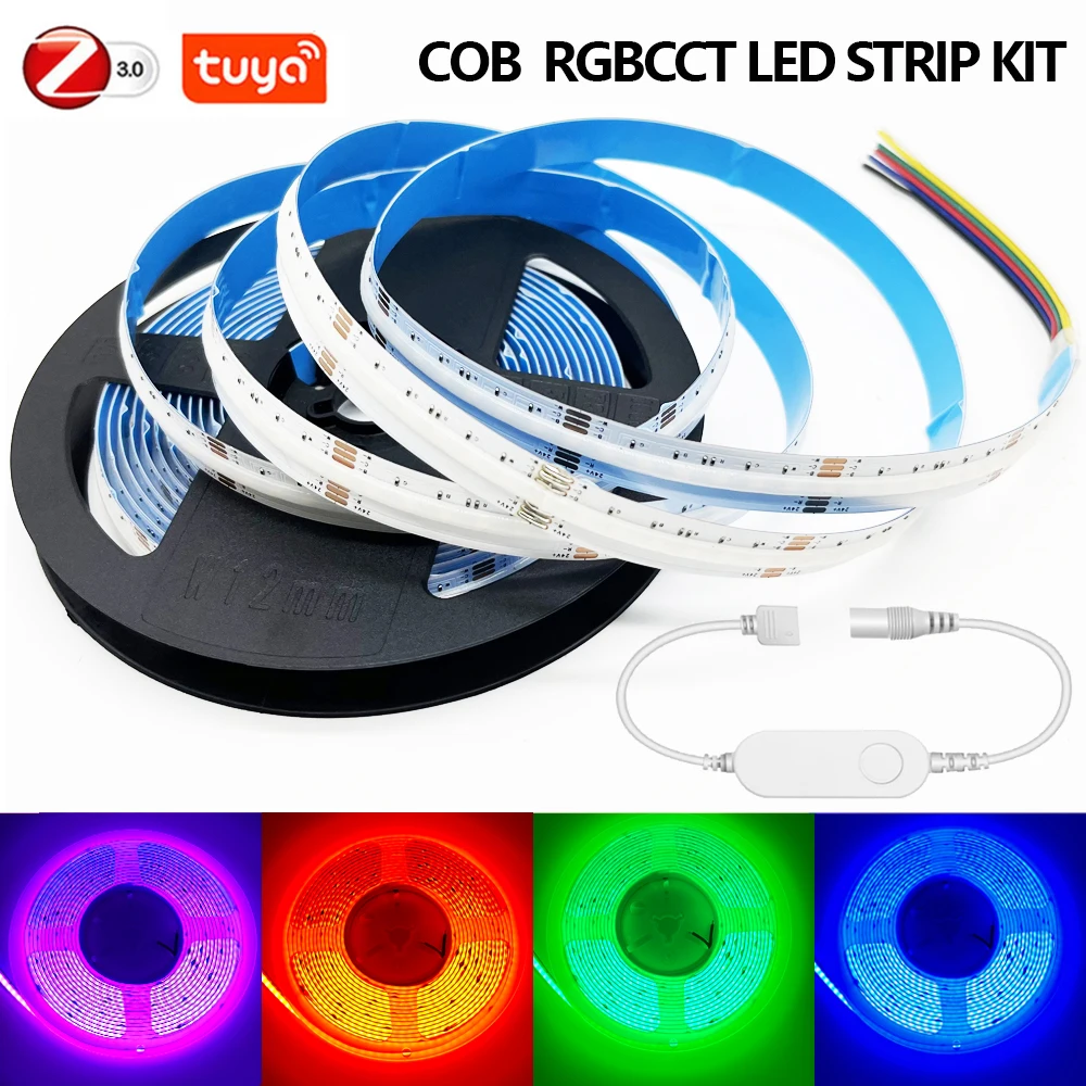 Tuya Zigbee 1M-5M DC24V RGBCCT COB LED Light Strip 840LEDs/m High Density FOB COB RA90 Linear Dimmable Led Light for Smartthings