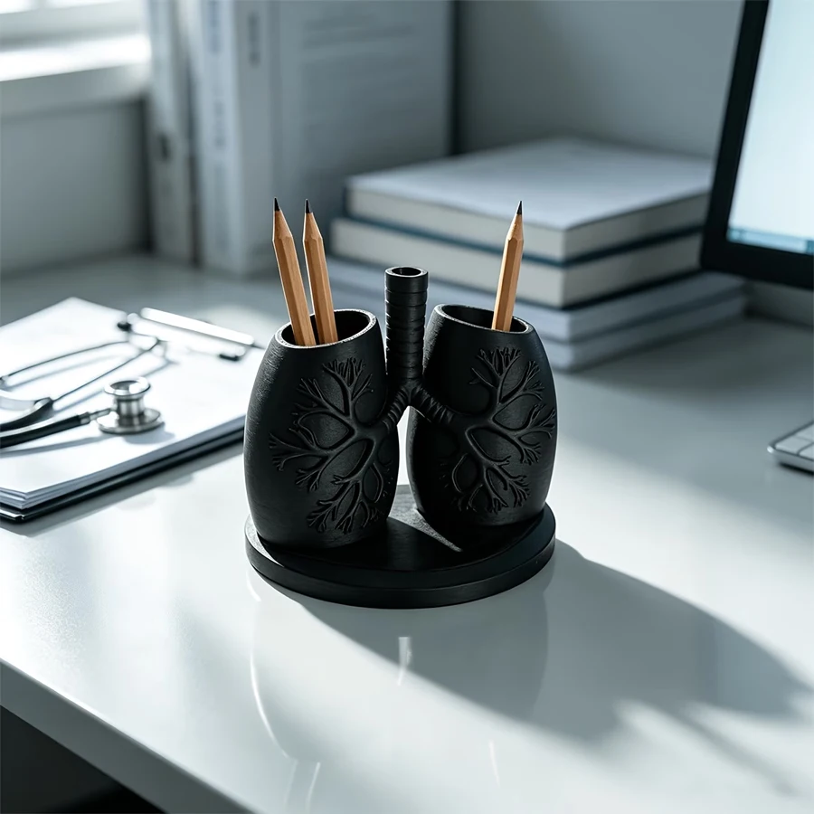 Creative Anatomical Lung-Shaped Pen Holder Made of Petg Material with Three-Dimensional Embossed Lung Texture, Creative Anatomical Ornament of the Respiratory System, Dual Storage Cups with Central Tube Slot, Stable Base Tray, Desktop Storage Box, Matte Texture, Black and White Dual-Compartment Stationery Storage Tube, Modern Minimalist Medical Aesthetic Functional Artwork, Office Desk, Home Office, Study Table, Bathroom Toothbrush Storage, Space-Saving Solution to Say Goodbye to Clutter on the Desk