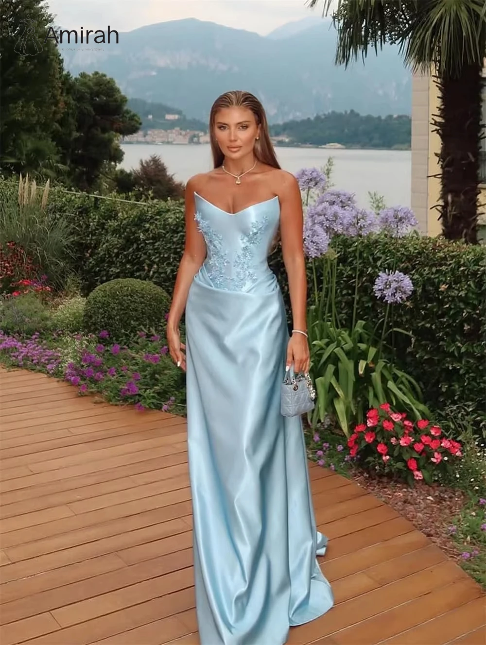 Amirah decalque cetim vestidos elegantes longo cauda de peixe vestido de baile feito sob encomenda vestidos de noite mulher elegante vestido de noite 2025