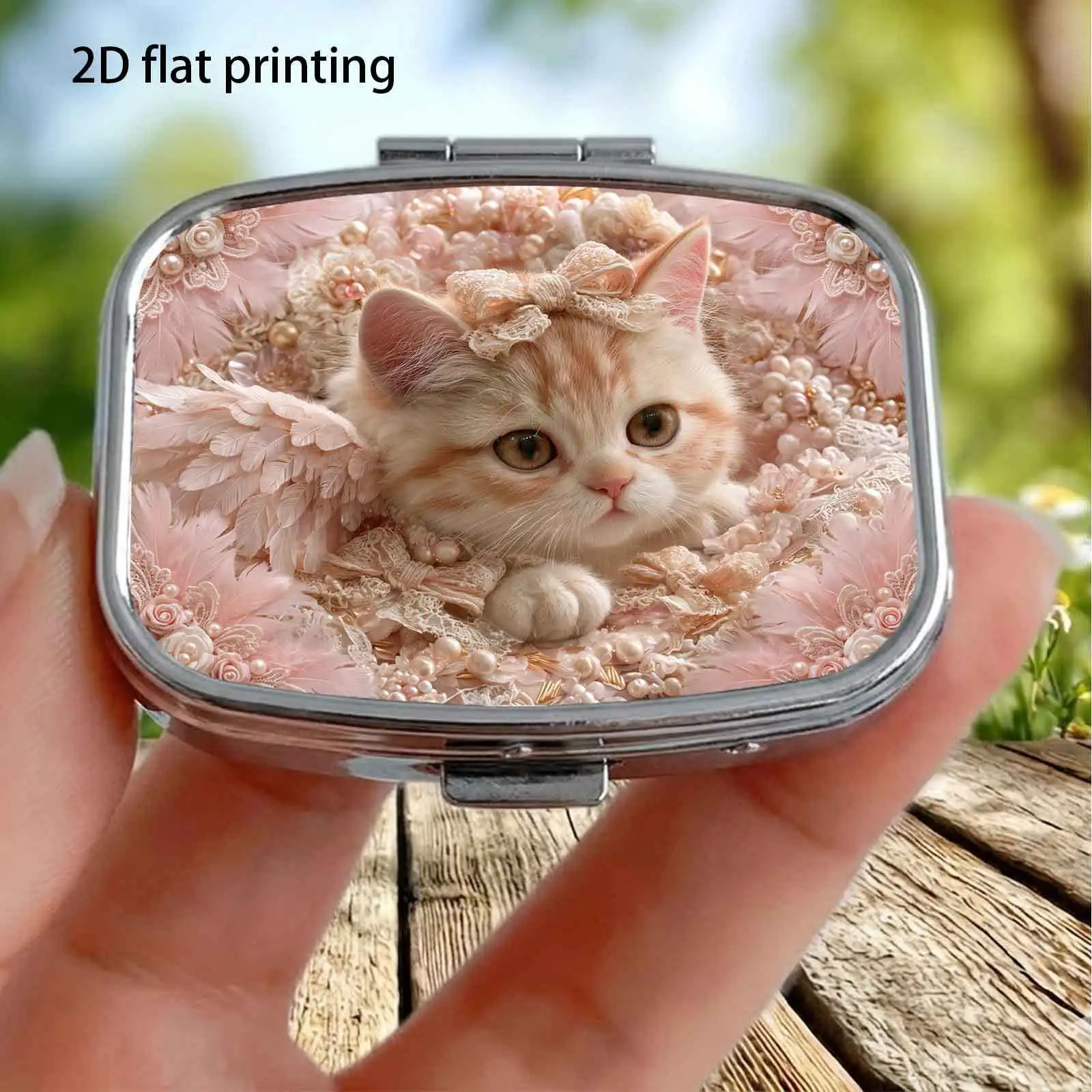 Layered Soft Pink Rose Design with Creamy White Kitten Floral Pattern, Square Two-Compartment Small Pill Organizer, Portable Medicine Storage, Can Also Be Used as a Home Portable Organizer, Decorative Box, Perfect for Handbags, Wallets, and Travel, Metal Storage Box, Small Jewelry Organizer, Holiday Gifts, Souvenirs, Prizes, Small Gifts