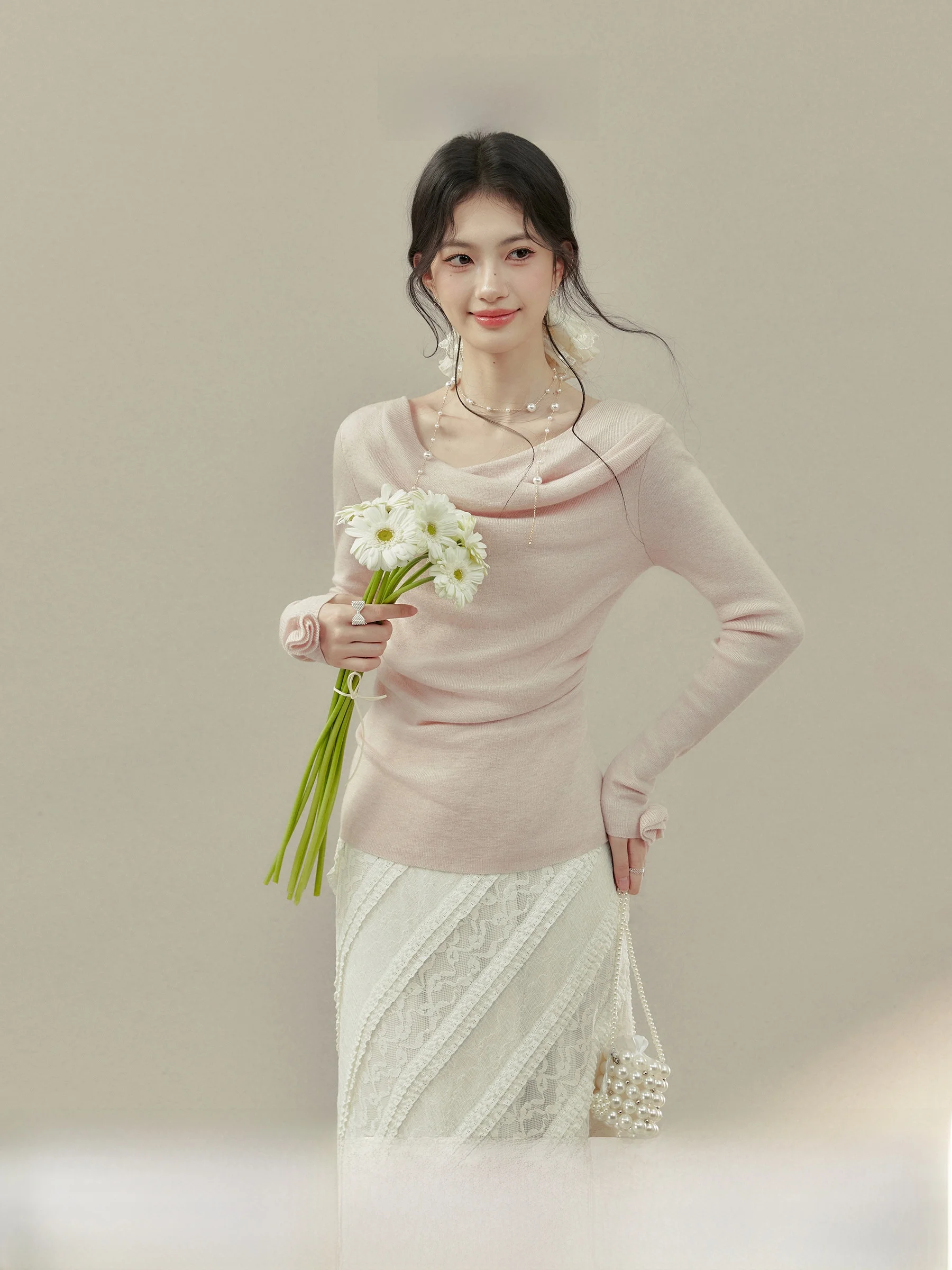 

Sweet Desire Knitwear Long Sleeve Women's Slim Fit Inner Shirt Pink Collar Spring Season Fashionable Base Layer Top