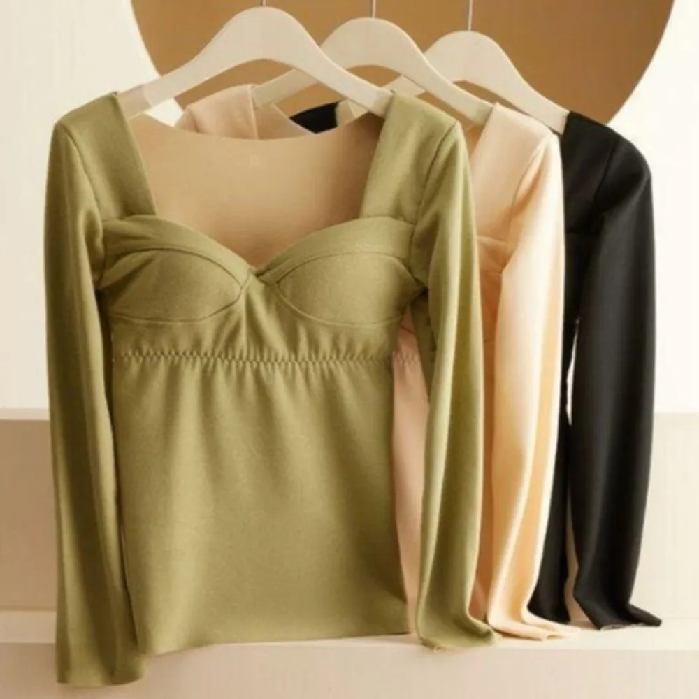 V Neck Women Thermal Clothes Invisible Solid Color Thermal Underwear Feel Heating Velvet Fleece Warmth Long Tops Lady
