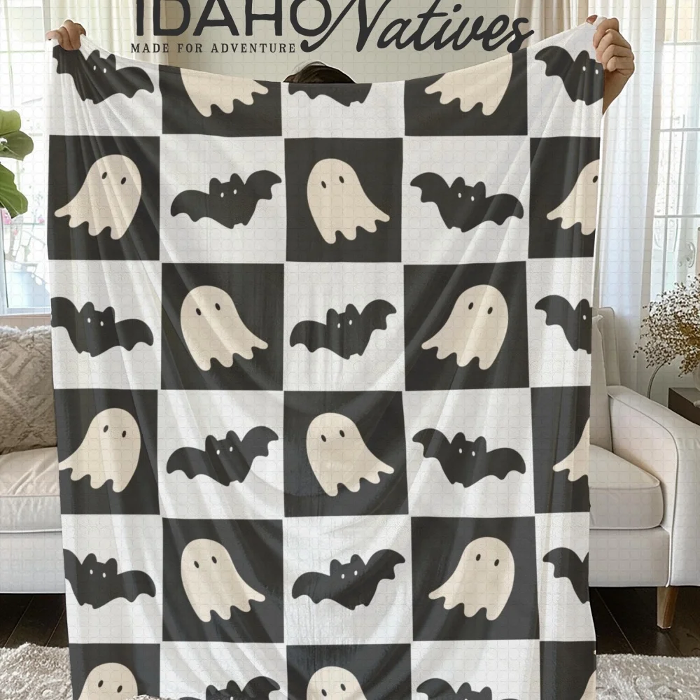 Halloween Checkerboard Ghost Bat Throw Blanket Flannel Fleece Blanket Black White Grid Print Soft Warm Home Sofa Bed Decor Gift