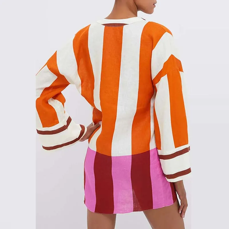 オフィスレディースストライププリントショートドレスカジュアルハイストリートボヘミアンローカットディープVロングスリーブ秋ワンピース