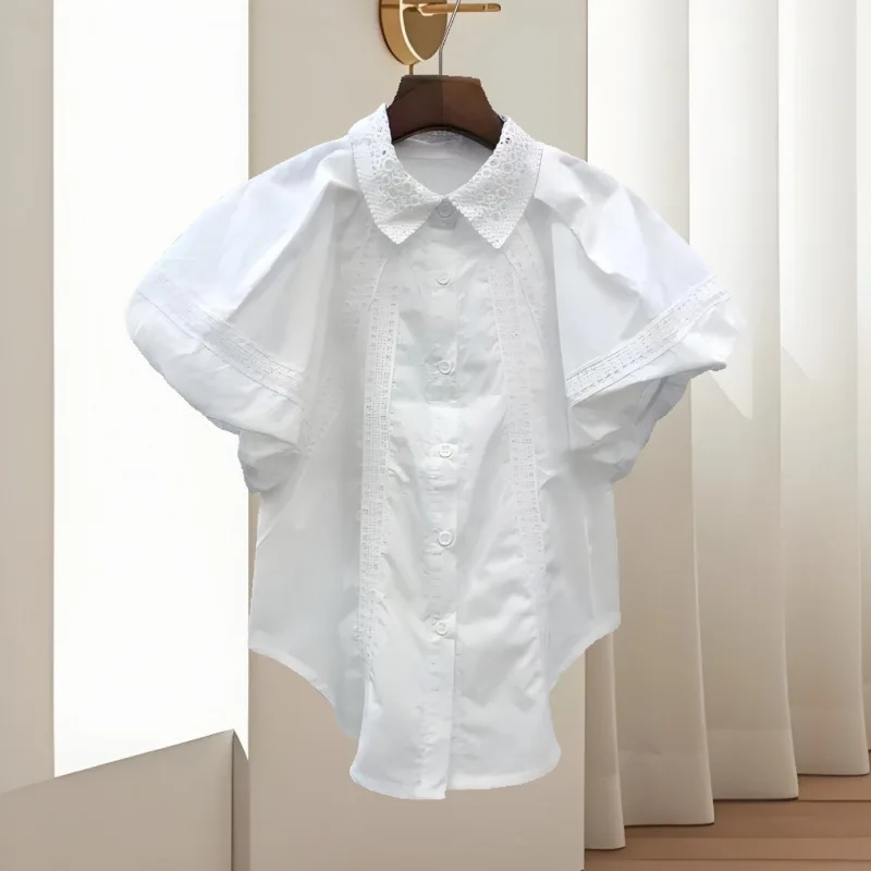 

Летняя полосатая кружевная лоскутная трехмерная рубашка с рюшами во французском стиле, однобортная модная рубашка с пышными рукавами